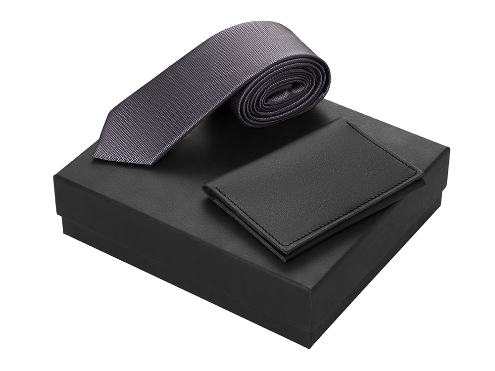 Подарочный набор Long River: обложка для паспорта, галстук (без лого Long River), черная коробка