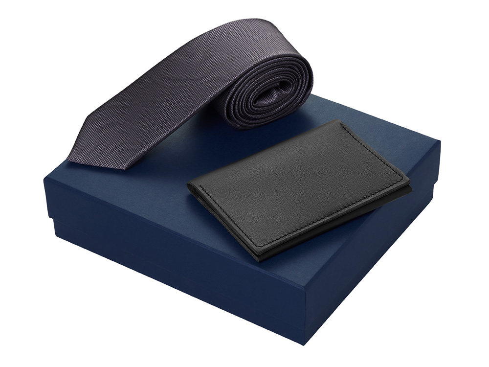 Подарочный набор Long River: обложка для паспорта, галстук (без лого Long River), синяя коробка