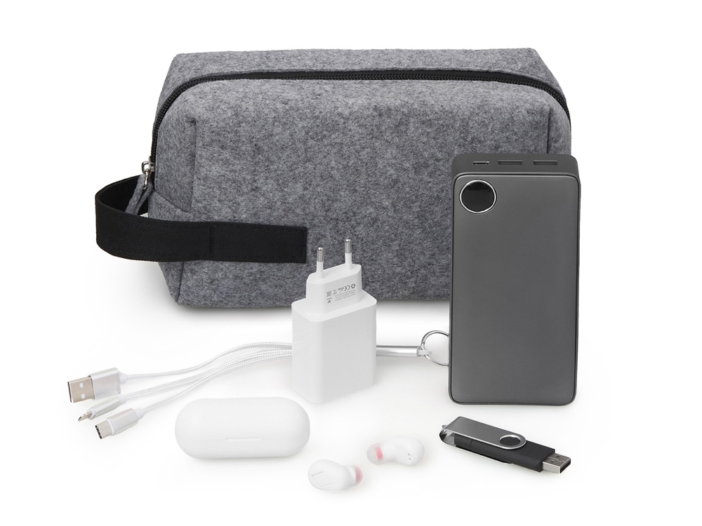 Органайзер для электроники и проводов Felt из RPET-фетра с ручкой, серый с черным