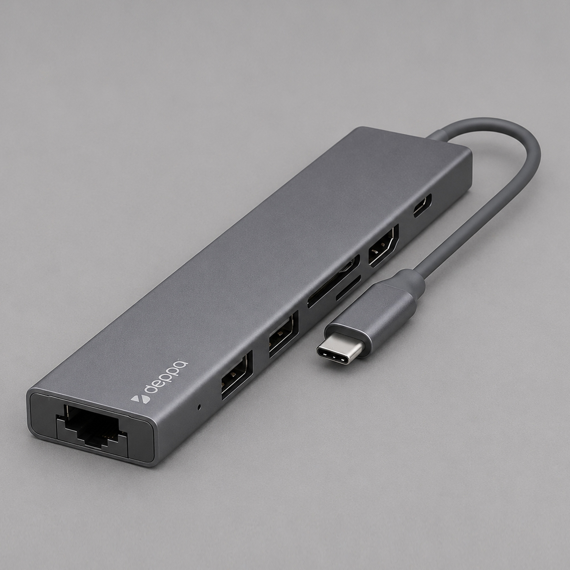 USB Type-C хаб 7-в-1, HDMI, Power Delivery, 2xUSB 3.0, RJ45, microSD/SD, графит, Deppa