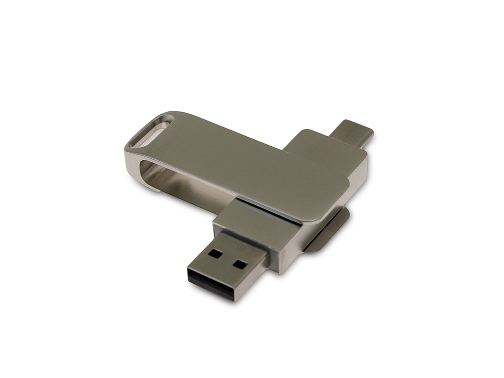 USB 2.0- флешка на 16 Гб поворотный механизм 2 в 1, c дополнительным разъемом Type-C с одноцветным металлическим клипом, серый
