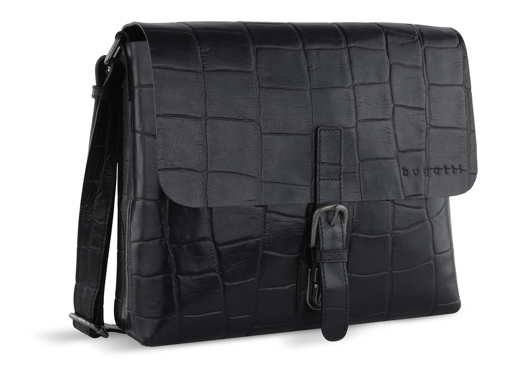 Сумка-мессенджер мужская BUGATTI НЕВИО | NEVIO, чёрная, воловья кожа/хлопок, 30,5х7х25 см, 5 л