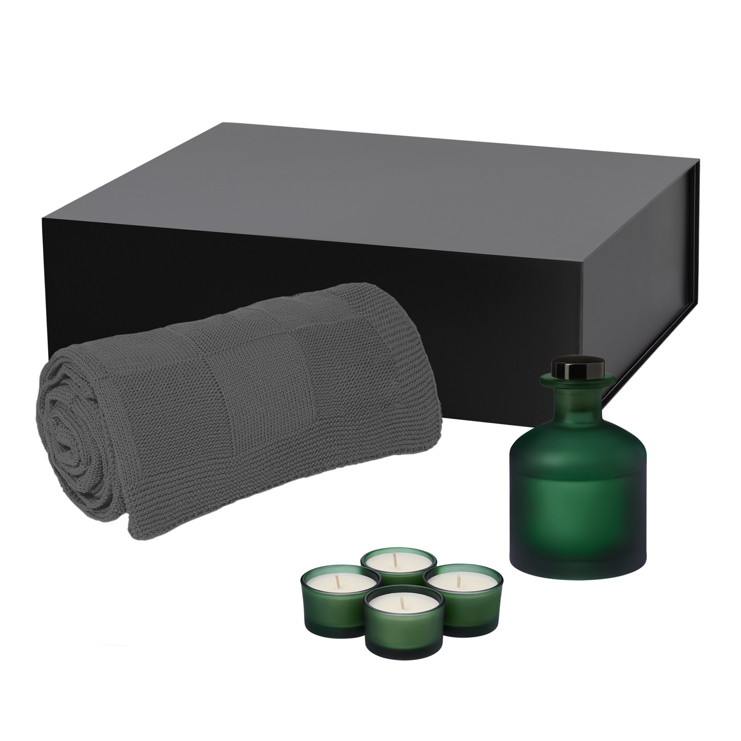 Подарочный набор Sento, Cella, зеленый (свеча, диффузор, плед)