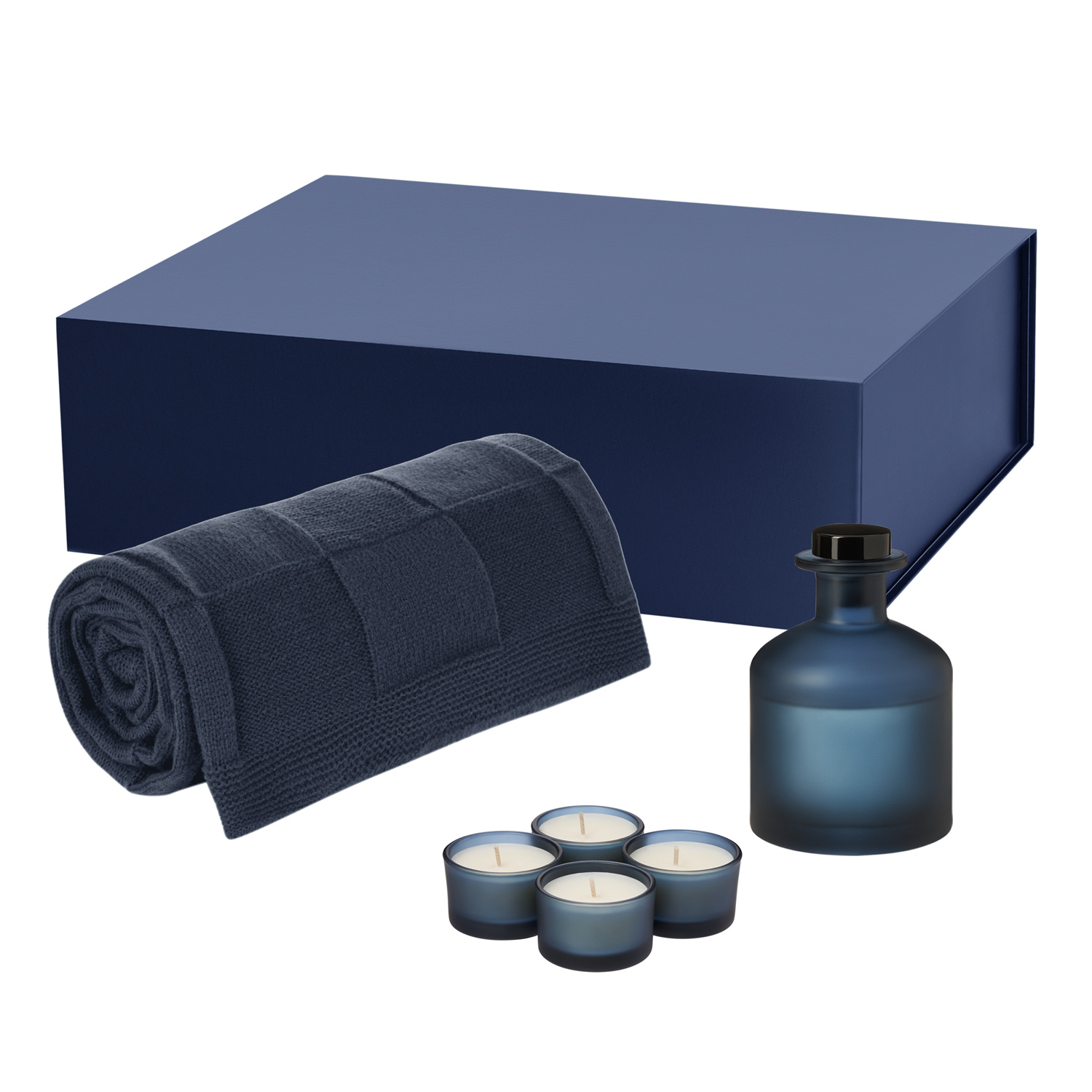 Подарочный набор Sento, Cella Soft, синий (свеча, диффузор, плед)