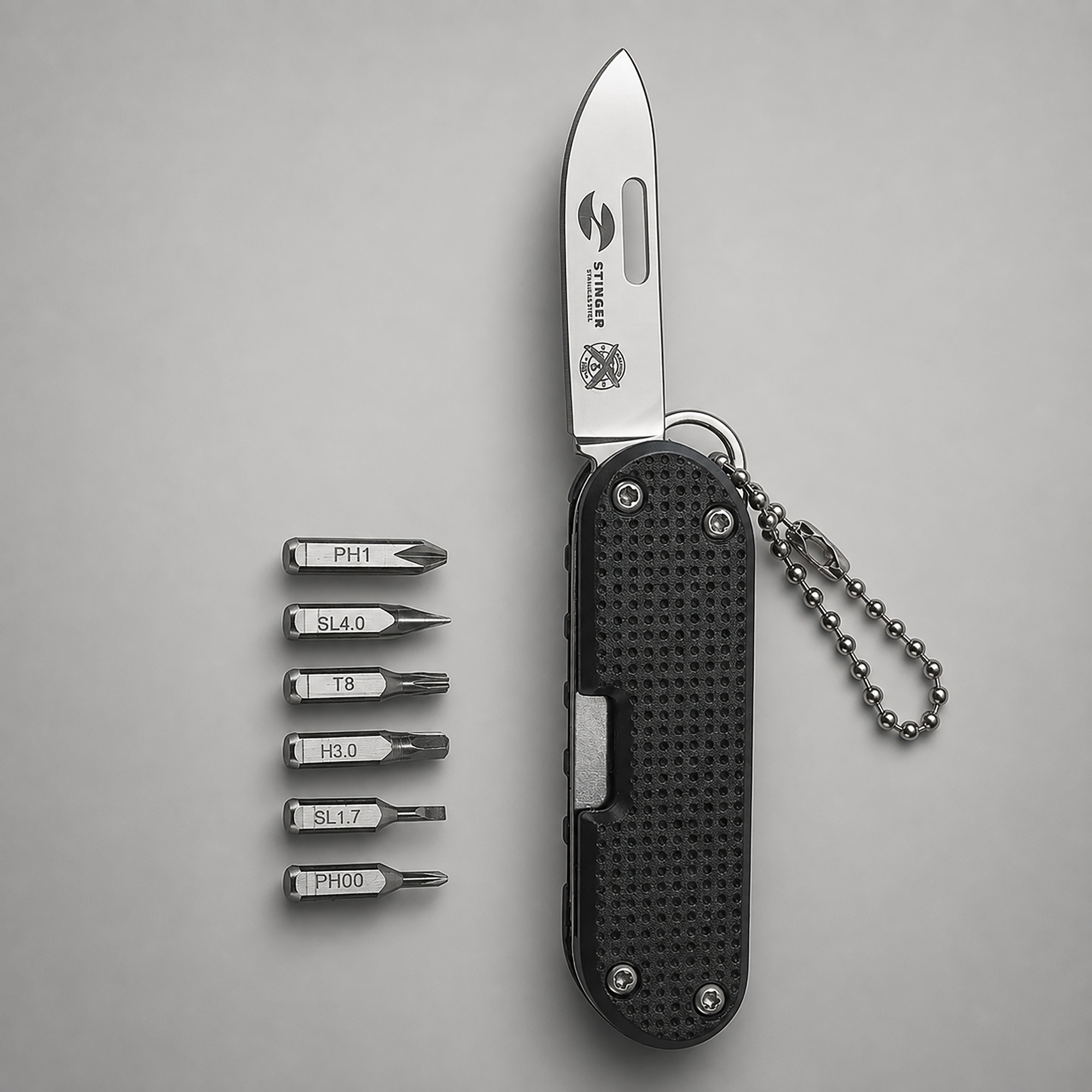 Нож перочинный Stinger, 73 мм, 8 функций, материал рукояти фиброволокно, нейлон (черный), в картонной коробке
