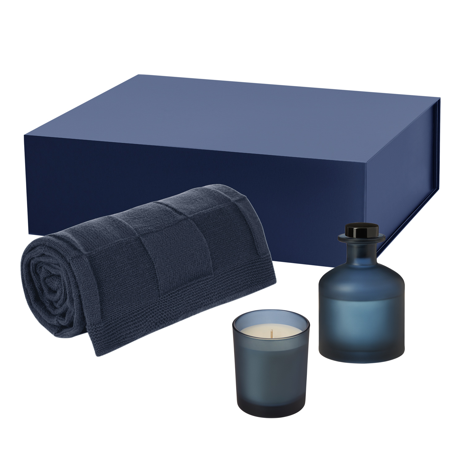 Подарочный набор Enigma, Cella Soft, синий (свеча, диффузор, плед)