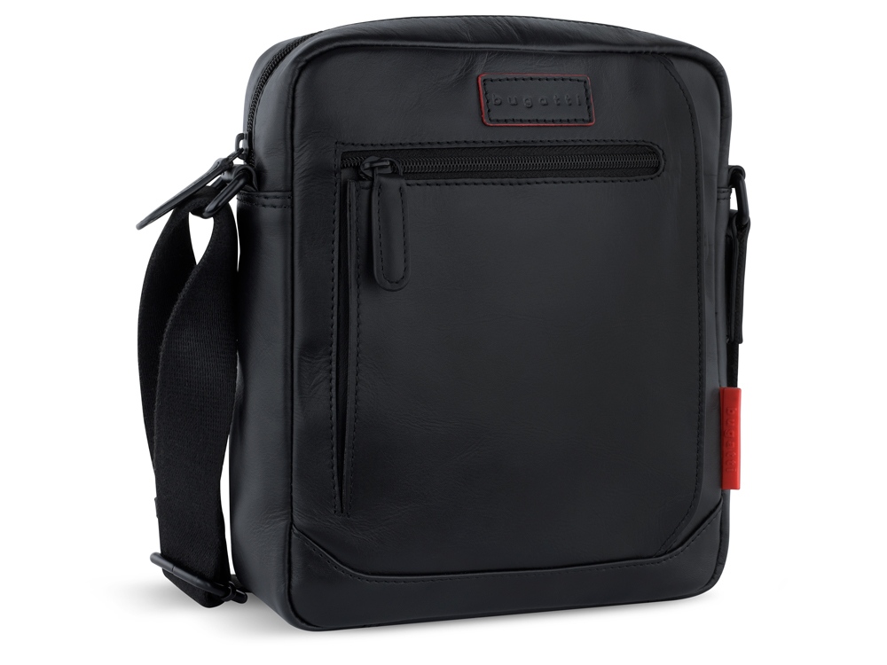 Сумка наплечная мужская BUGATTI КЛАРК | CLARK, чёрная, воловья кожа/полиэстер, 21х6,5х24 см, 3 л
