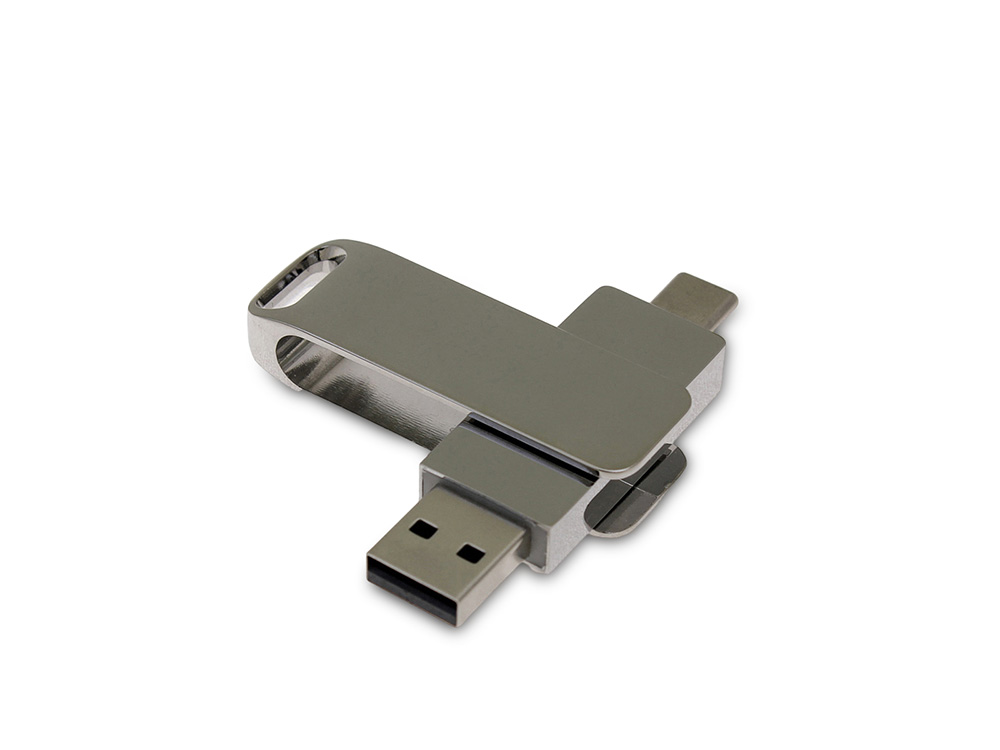 USB 2.0- флешка на 32 Гб поворотный механизм 2 в 1, c дополнительным разъемом Type-C с одноцветным металлическим клипом, серебристый
