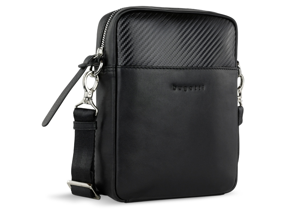 Сумка наплечная мужская BUGATTI КОМЕТА | COMET, чёрная, воловья кожа/полиэстер, 17х4,7х21 см