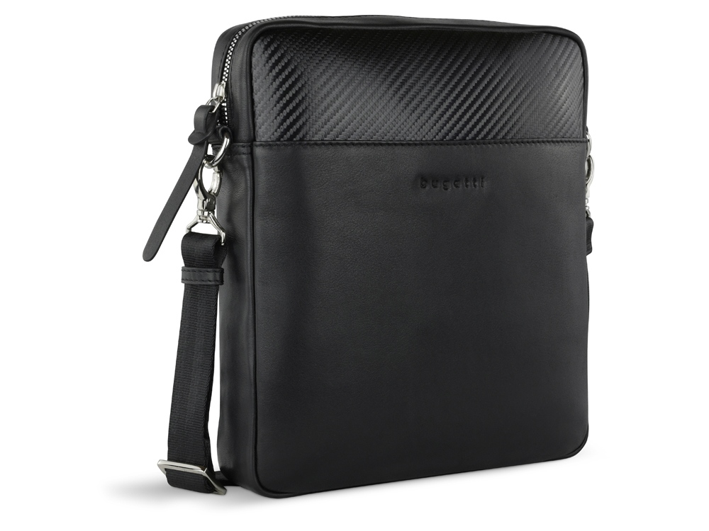 Сумка наплечная мужская BUGATTI КОМЕТА | COMET, чёрная, воловья кожа/полиэстер, 23,5х5х26 см