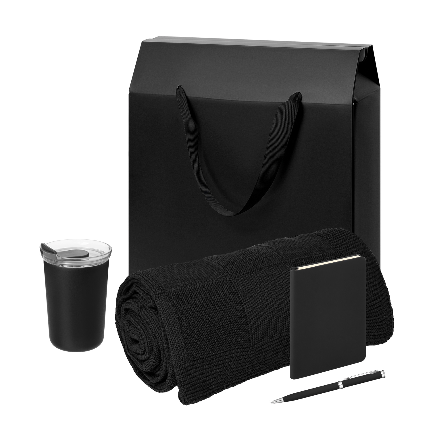 Подарочный набор Welcome Pack Spark mini, черный (термокружка, блокнот, ручка, плед, коробка-пакет)